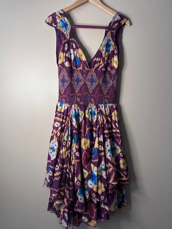 Free People Wisteria and Lattice Smocked Waist Bandhani Print Midi Dress, Boho - Picture 3 of 10